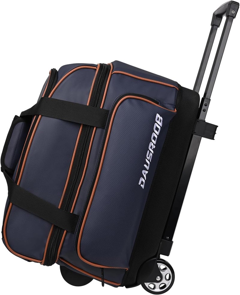 DAUSROOB 2 Ball Bowling Bag with Wheel,900D Oxford Waterproof PU,Dual Roller Bowling Bag with Sturdy Frame,Large Shoe Compartment Fits Up to Men’s 16,Rolling Bowling Tote, Handle Extends to 39.5" - Image 1